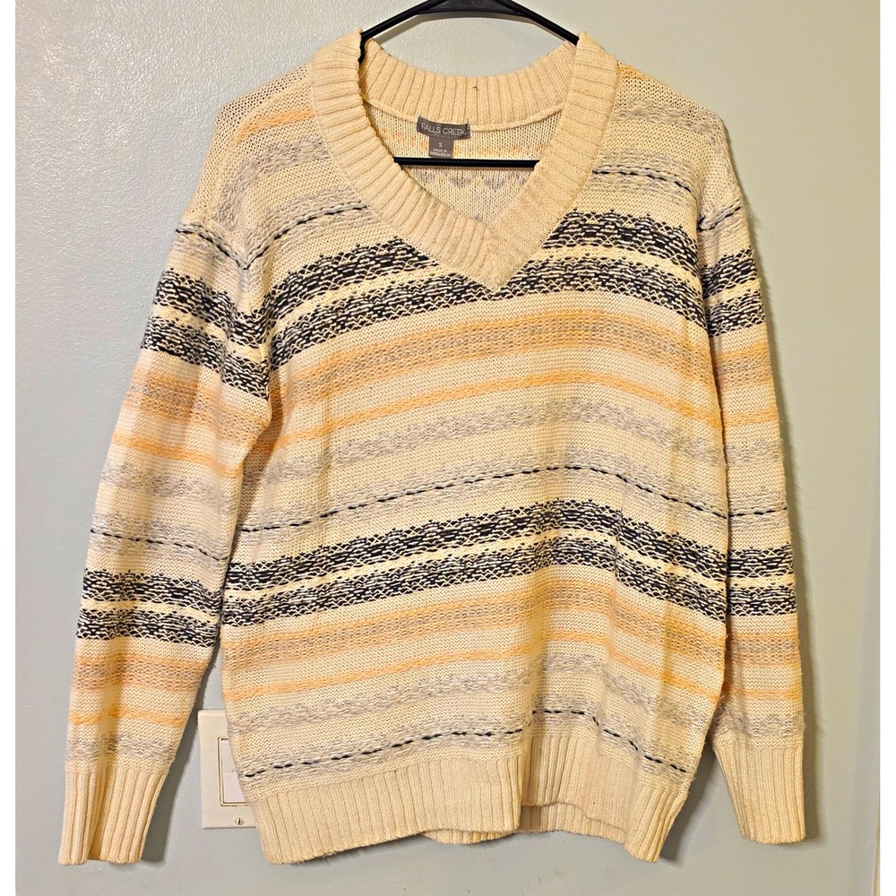 Falls Creek Women's Beige Gray Orange Knit Striped V-Neck Pullover Sweater S #77